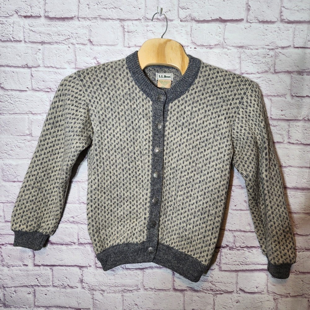 LL Bean Vintage 70s 80s Birdseye Cardigan Buttons Women's Small Wool Grey Norway